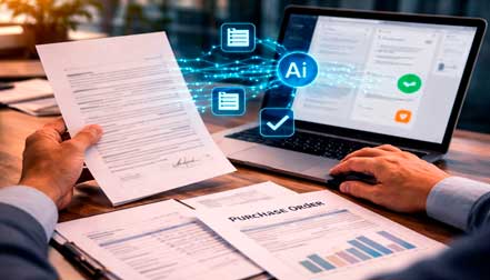 Persona revisando documentos mientras un sistema de IA procesa la información en el ordenador.