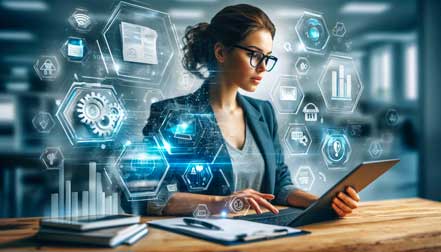 Persona trabajando en un ordenador con iconos de automatización, como facturas, chatbot, gráficos, etc. que representa la digitalización de las PYMES en España.